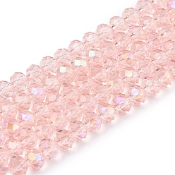 Pink Стеклянные бусины с гальваническим покрытием , с половиным покрытием цвета радуги, граненые, рондель, розовые, 4x3 мм, отверстие : 0.4 мм, около 105~110 шт / нитка, 38~39 см
