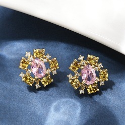 Настоящее золото 18K Цветок латуни микро проложить кубического циркония серьги стержня, долговечный, без кадмия и без свинца, стойки покрытие, реальный 18 k позолоченный, 14.5x14.5 мм