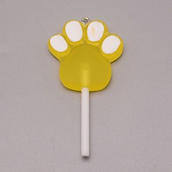Gold Resin Pendants, with Iron Loop, Imitation Candy, Cat Paw Lollipop, Gold, 62x32.5x9mm, Hole: 2mm