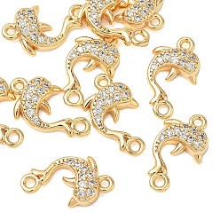 Chapado en Oro Real 18K Dijes conectores de eslabones de delfín con micro pavé de circonita cúbica transparente de Shegrace, sin cadmio, plomo, níquel, real 18 k chapado en oro, 15.5x9.5x3.5 mm, agujero: 1.2 mm