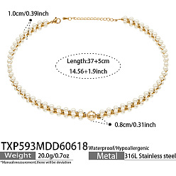 Golden White Shell Pearl 316L Surgical Stainless Steel Woven Beaded Necklaces for Women, Round, Golden, 14.57 inch(37cm)