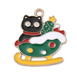 Sleigh Рождественские эмали сплава подвески, золотой свет, кошка, санки, 25.5x23x1 мм, отверстие : 2 мм