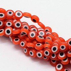 Оранжево-Красный Ручной сглаза Lampwork плоские круглые пряди шарик, оранжево-красный, 6x3 мм, отверстие : 1 мм, около 65 шт / нитка, 14 дюйм