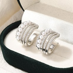 Платина Серьги-каффы из латуни с микропаве из кубического циркония, с ABS имитации жемчуга, долговечный, без свинца и без кадмия, платина, 18x17.5x12.5 мм