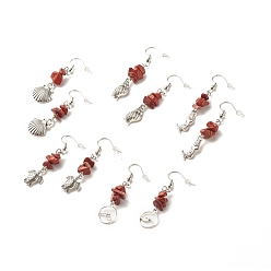 Красный Камень Серьги с подвесками из бисера из натуральной красной яшмы, длинные серьги-капли для женщин из латуни с морской тематикой, разнообразные, античное серебро, 50~55 мм, штифты : 0.7 мм