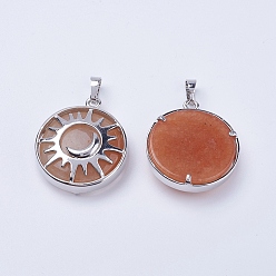 Red Aventurine Natural Red Aventurine Pendants, with Brass Findings, Flat Round with Sun & Moon, Platinum, 31x27.5x8mm, Hole: 5x7mm