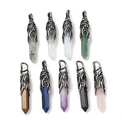 Смешанные камни Природные и синтетические смешанные подвески драгоценных камней, граненые подвески-пули с латунными крыльями дракона, античное серебро, смешанные окрашенные и неокрашенные, 45~47x8.5~9 мм, отверстие : 6~6.5x4~4.5 мм