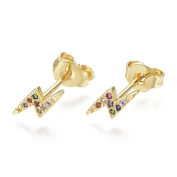 Golden Brass Micro Pave Cubic Zirconia(Random Mixed Color) Flash Stud Earrings, Crawler Earrings/Climber Earrings, with Ear Nuts, Lightning Bolt, Golden, 9x3.5mm, Pin: 0.7mm