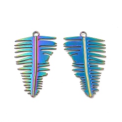 Rainbow Color Ion Plating(IP) 304 Stainless Steel Pendants, Leaf Charm, Rainbow Color, 39x24x1.5mm, Hole: 2.5mm