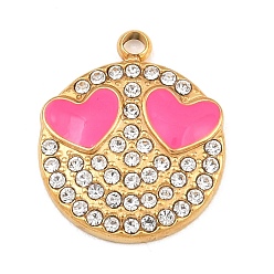 Hot pink 304 Edelstahl Strass Anhänger, flache runde Anhänger mit Gesicht, mit Emaille, Ionenbeschichtung (ip), echt 18 k vergoldet, hot pink, 16x13.5x3 mm, Bohrung: 1.6 mm