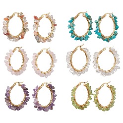 Смешанные камни Серьга-кольцо из натуральных смешанных драгоценных камней, 304 серьги из проволоки из нержавеющей стали, 33.5~35x7~8.5 мм