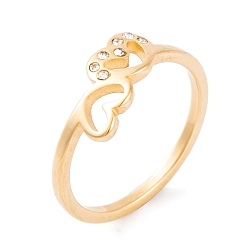 Золотой 304 кольцо из нержавеющей стали со стразами в форме сердца для женщин, золотые, 7 мм, размер США 6~9 (16.5~18.9 мм)