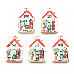 Красный Стойки обшивки сплава эмали подвески, без кадмия, без никеля и без свинца, дом, красные, 21.9x13.3x2 мм, отверстие : 1.5 мм