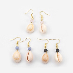 Mixed Stone Shell Dangle Earrings, with Brass Earring Hooks and Mixed Stone Beads, 48.5~52mm, Pin: 0.8mm