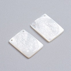 White Shell Natural White Shell Mother of Pearl Shell Pendants, Rectangle with Saint Benedict Medal, 16x12x2~2.5mm, Hole: 0.9mm