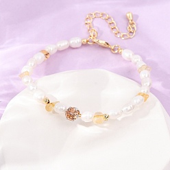 Lemon Quartz Natural Lemon Quartz(Heated) Chip and Rice Natural Pearl Beaded Bracelets, Brass Pave Cubic Zirconia Bracelets, Real 18K Gold Plated, Long-Lasting Plated, Rack Plating, Lead Free & Cadmium Free, 6.50 inch(16.5cm)