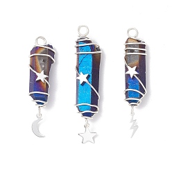 Средно-синий 3 шт. 3 стили гальванизированные подвески из натурального кварцевого кристалла с заостренными концами из медной проволоки, с латунью и 304 нержавеющей сталью звезда молния луна, серебряный цвет гальваническим, светло-синий, 44.5~54x10~11x11~13 мм, отверстие : 4 мм, 1 шт / стиль