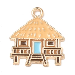 Sandy Brown Alloy Enamel Pendants, House Charms, Light Gold, Sandy Brown, 20.5x18x1.2mm, Hole: 1.6mm