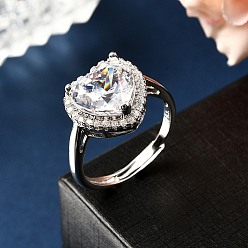 Сердце Регулируемые 925 кольца-манжеты из стерлингового серебра с микропаве из кубического циркония для женщин, Реальная платина, сердце, размер США 7 1/4 (17.5 мм), Сердце: 13x13.5 mm