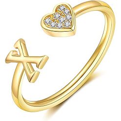 Letter X Регулируемые латунные кольца из манжеты из горного хрусталя, письмо и сердце, золотые, Письмо X, внутренний диаметр: 15~20 мм