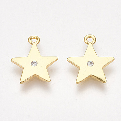 Real 18K Gold Plated Brass Charms, with Cubic Zirconia, Star, Clear, Nickel Free, Real 18K Gold Plated, 12.5x10.5x1mm, Hole: 1.2mm