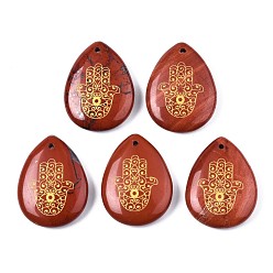 Красный Камень Природные красной яшмы подвески, слеза с узором в виде руки хамса, 32~33.5x25~26x6.5~7.5 мм, отверстие : 2 мм, 6 шт / пакет