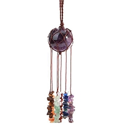 Amethyst Round Natural Amethyst Pouch Pendant Decorations, Braided Thread and Gemstone Chip Tassel Hanging Ornaments, 210x30mm