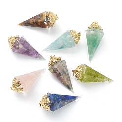 Mixed Stone Resin Pointed Pendants, with Natural Mixed Gemstone Inside and Golden Brass Findings, Faceted, Cone/Spike/Pendulum, 43.5x17x19.5mm, Jump Ring: 6x1mm, 4mm Inner Diameter