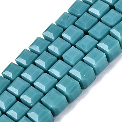 Dark Cyan Opaque Glass Beads Strands, Cube, Faceted, Dark Cyan, 7x7x6.5~7mm, Hole: 1.2~1.6mm, about 96~101pcs/strand, 25.39~28.54 inch(64.5~72.5cm)