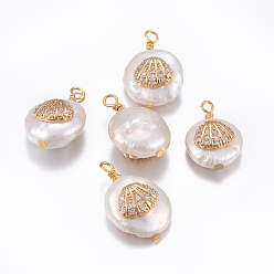 CadetBlue Natural Cultured Freshwater Pearl Pendants, with Brass Micro Pave Cubic Zirconia Findings, Nuggets with Shell, Golden, Clear, 17~26x11~16x5~11mm, Hole: 1.6~2mm