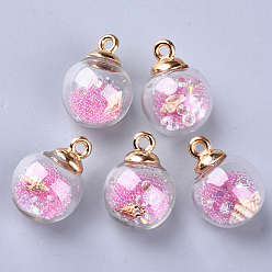 Pearl Pink Transparent Glass Globe Pendants, with Resin & Resin Rhinestone & Conch Shell & Glass Micro Beads inside, Plastic CCB Pendant Bails, Round, Golden, Pearl Pink, 21.5x16mm, Hole: 2mm