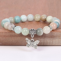 Flower Amazonite 8 Pulseras elásticas redondas de amazonita con cuentas de flores naturales y dijes de mariposa de aleación., plata antigua, 7.48 pulgada (19 cm)
