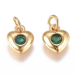 Зеленый Латунные микро проложить кубического циркония прелести, с целью перехода в кольце, долговечный, сердце, золотые, зелёные, 8x6.5x2 мм, отверстие : 3 мм