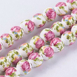 Colorful Handmade Flower Printed Porcelain Ceramic Beads Strands, Round, Colorful, 10mm, Hole: 2mm, 35pcs/strand, 12.9 inch~13.3 inch(33~34cm)