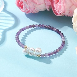 Аметист Браслеты-манжеты из натуральных аметистовых бусин, браслеты с крутящим моментом для женщин, с оболочкой жемчуг, внутренний диаметр: 2.15 дюйм (5.45 см)