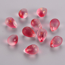 Красный Двухцветные прозрачные стеклянные подвески, золотой фольгой, матовые, слеза, красные, 14x10x10 мм, отверстие : 1 мм