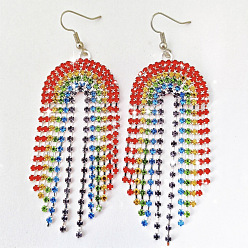 Серебро Серьги-подвески из радужного сплава со стразами, серебряные, 91x34 мм