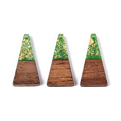 Зеленый лайм Подвески из непрозрачной смолы и орехового дерева, трапециевидные подвески, с блестящей пудрой и золотой фольгой, зеленый лайм, 28.5x14x3~4 мм, отверстие : 1.6 мм