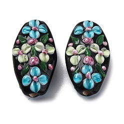 Светло-Голубой Бусины лэмпворк , овальные с цветком, Небесно-голубой, 28.5x15.5x11 мм, отверстие : 2.5 мм