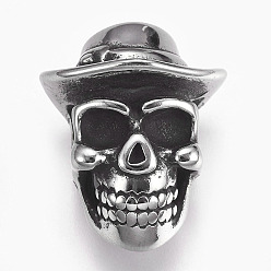 Argent Antique 304 billes d'acier inoxydable, Perles avec un grand trou   , crane, argent antique, 23.5x19x15mm, Trou: 6mm