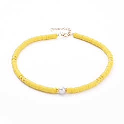 Желтый Бисера ожерелья, с бисером из полимерной глины хэйси, Стеклянные жемчужные бусины, латунные обжимные бусины и застежки из лобстера из цинкового сплава, желтые, 15.66 дюйм (39.8 см)