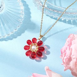 Красный Стеклянные и стеклянные жемчужные бусины подвески ожерелья для женщин, с 304 кабельной цепью из нержавеющей стали, цветок, красные, 17.72 дюйм (45 см)