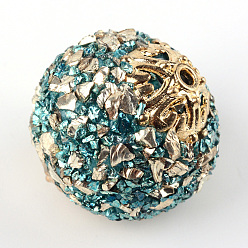Dark Turquoise Handmade Indonesia Beads, Round, with Gemstone and Alloy Findings, Golden, Dark Turquoise, 19~20.5x17.5~20mm, Hole: 1.8mm