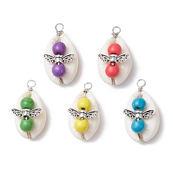 (52) Непрозрачная лаванда Подвески в виде ангела из натуральной ракушки каури и круглой окрашенной синтетической бирюзы, с медной проволокой и крыльями из сплава, старинное серебро и платина, разноцветные, 26.5x14.5x12.5 мм, отверстие : 2.3 мм