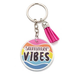 Colorful Acrylic Flat Round with Suede Tassel Pendant Keychain, with Iron Key Ring, Colorful, 100mm