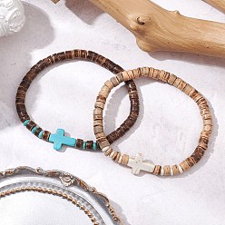 Mixed Color 2Pcs Cross Natural Coconut & Synthetic Turquoise Beads Stretch Bracelets for Women, Mixed Color, Inner Diameter: 2-1/8 inch(5.3cm)