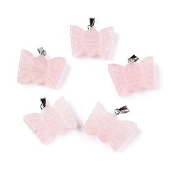 Розовый Кварц Подвески-бабочки из натурального розового кварца, подвески насекомые с металлическими застежками с платиновым покрытием на дужках, 19~20x24~25.5x6.5~7 мм, застежка : 6.5x3x3.5~4 mm