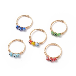 Mixed Color Lampwork Evil Eye Braided Bead Finger Ring, Golden Copper Wire Wrap Jewelry for Women, Mixed Color, US Size 7 3/4(17.9mm)