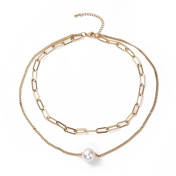 Golden PVD Vacuum Plating 304 Stainless Steel Double Chains Multi Layered Necklaces Necklace with Plastic Pearl Beaded for Women, Golden, 16.34 inch(41.5cm)