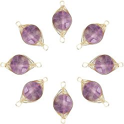 Amethyst Natural Amethyst Links connectors, Wire Wrapped Links, with Golden Tone Brass Wires, Faceted, Flat Round, 17~21x9~11x5~7mm, Hole: 1.2~1.5mm, 6pcs/box